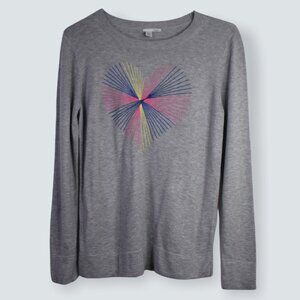 Halogen Sweater L Womens Heart Stitched Crew Neck Long Sleeve Gray Embroidered